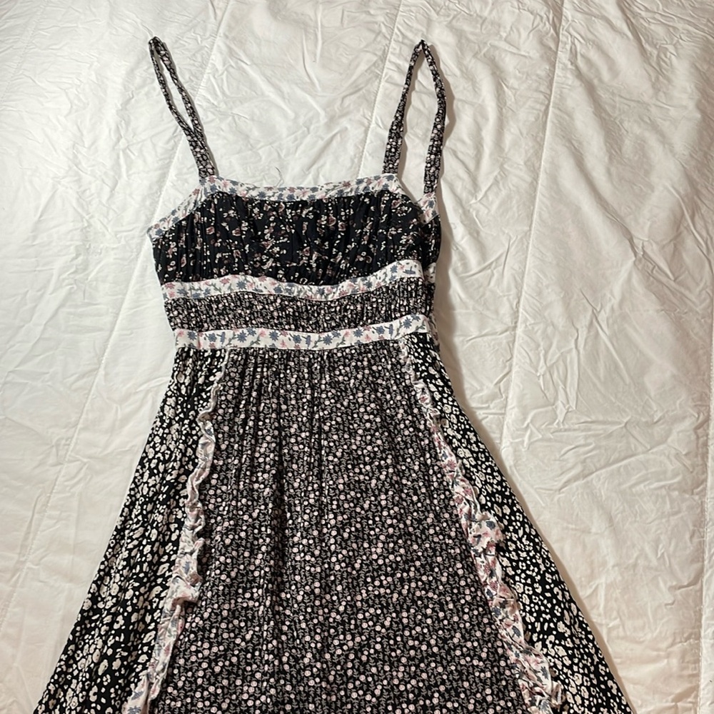 Free People Black Floral Midi Dress with Pink and White Accents